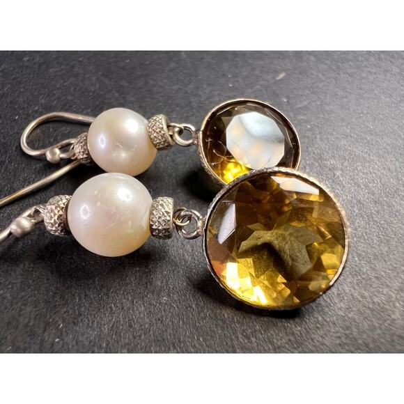 Citrine and pearl sterling silver dangle earrings - Picture 9 of 16
